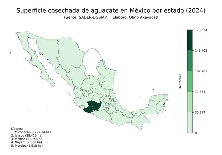 Superficie cosechada de aguacate en México por estado