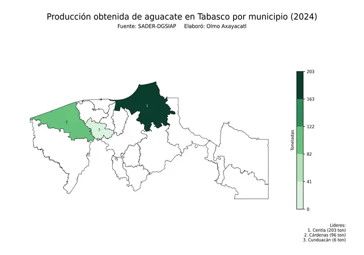 Producción obtenida de aguacate en Tabasco por municipio