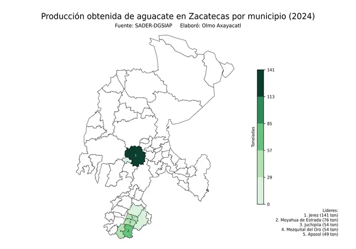 Producción obtenida de aguacate en Zacatecas por municipio